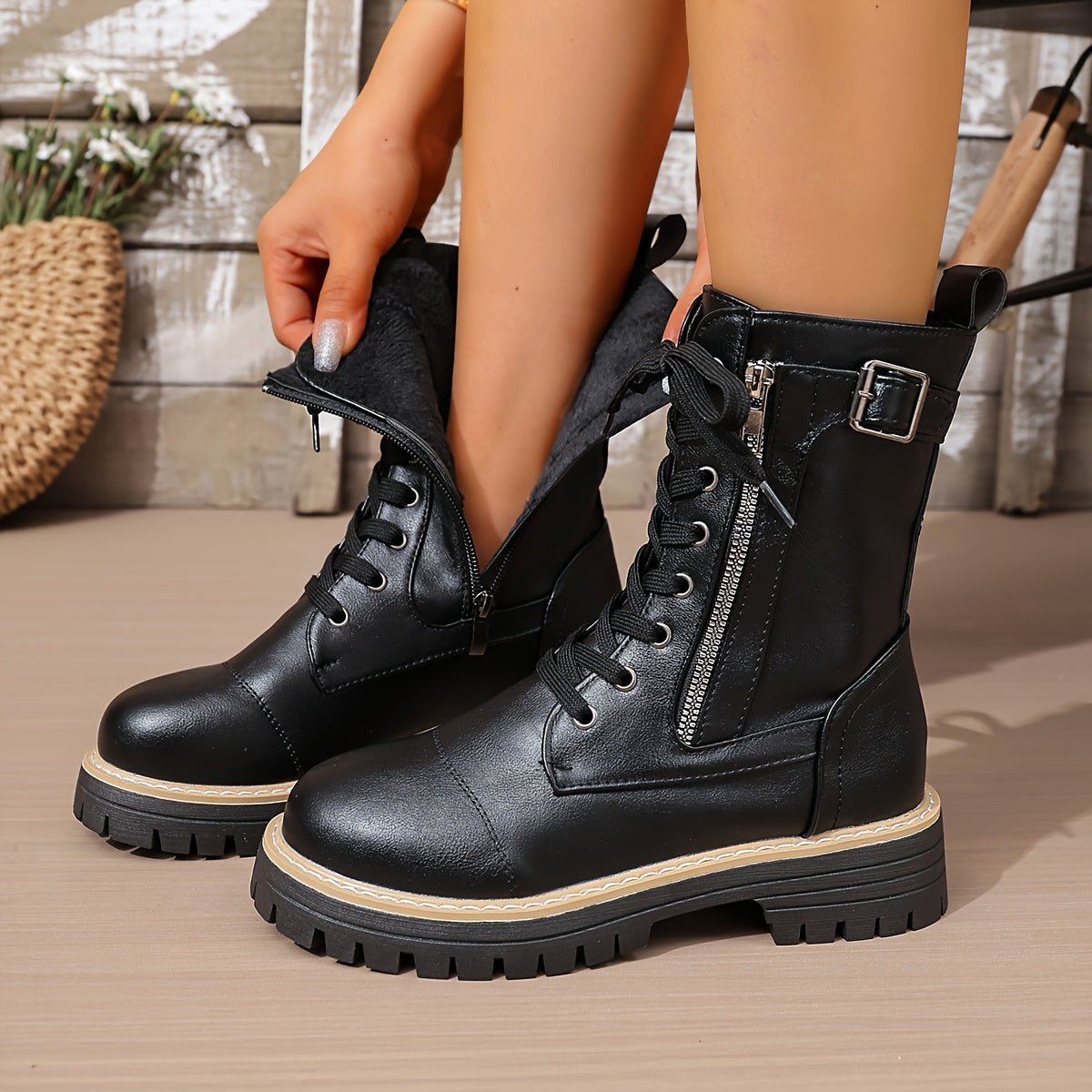 Cassia Lace-Up Side-Zip Combat Boots