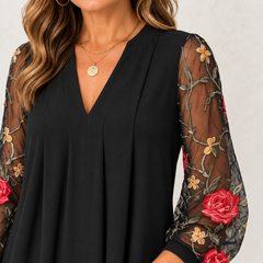 Lucienne embroidered sleeve V-neck dress in Black