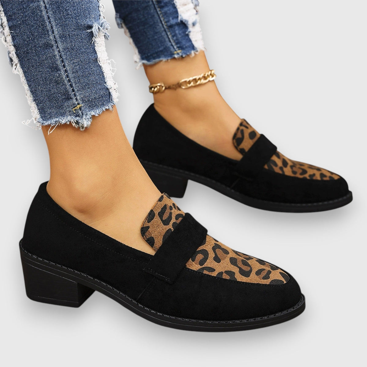Dahlia leopard panel penny loafers in Black