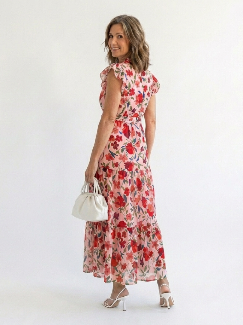 Tatiana | Floral V-Neck Tiered Flutter-Sleeve Midi Dress