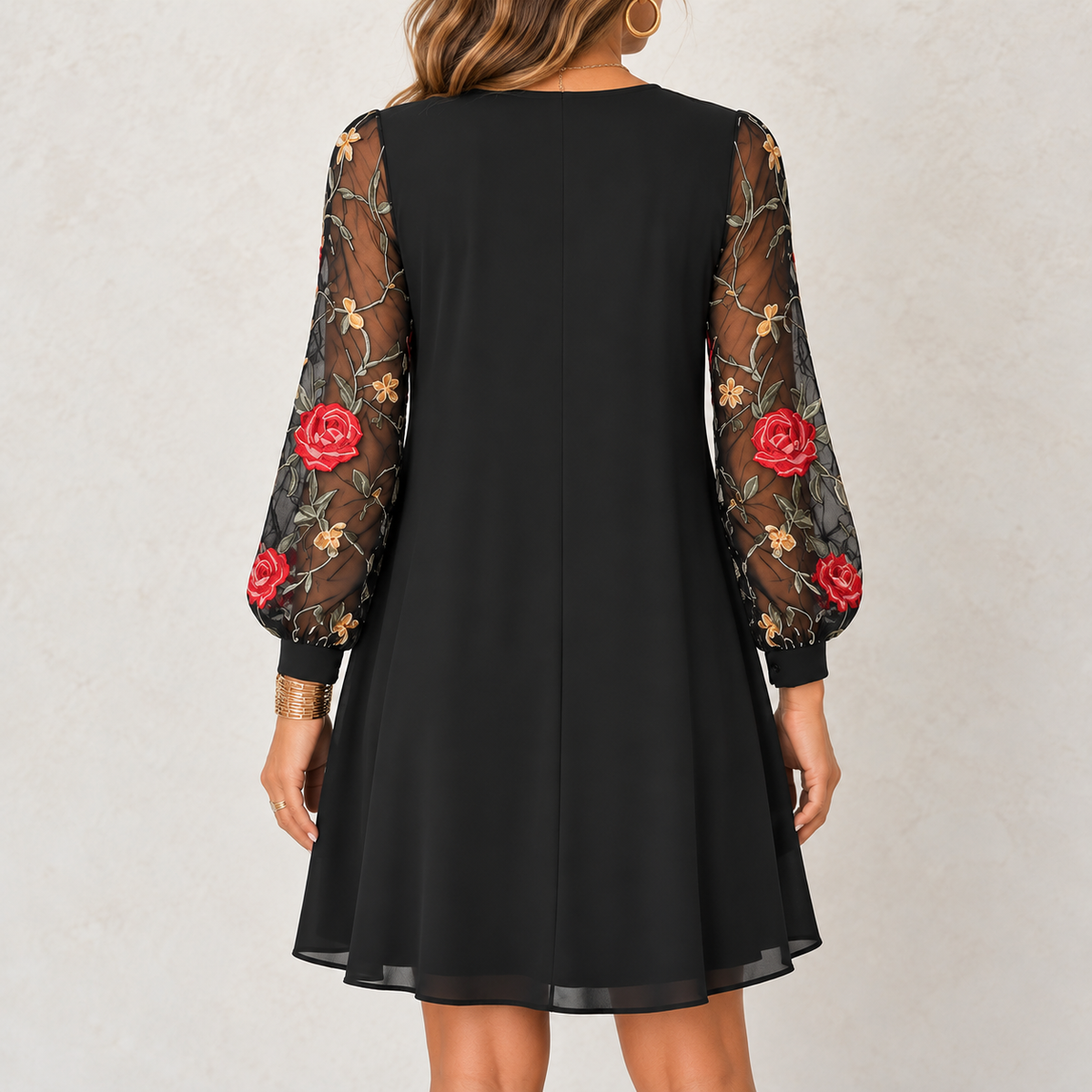 Lucienne embroidered sleeve V-neck dress in Black