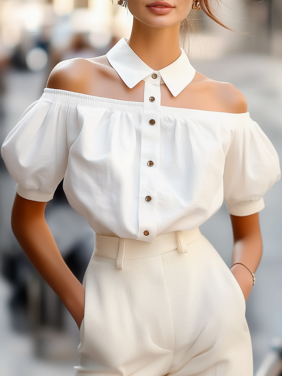 Trudy | White Off-Shoulder Button-Up Blouse