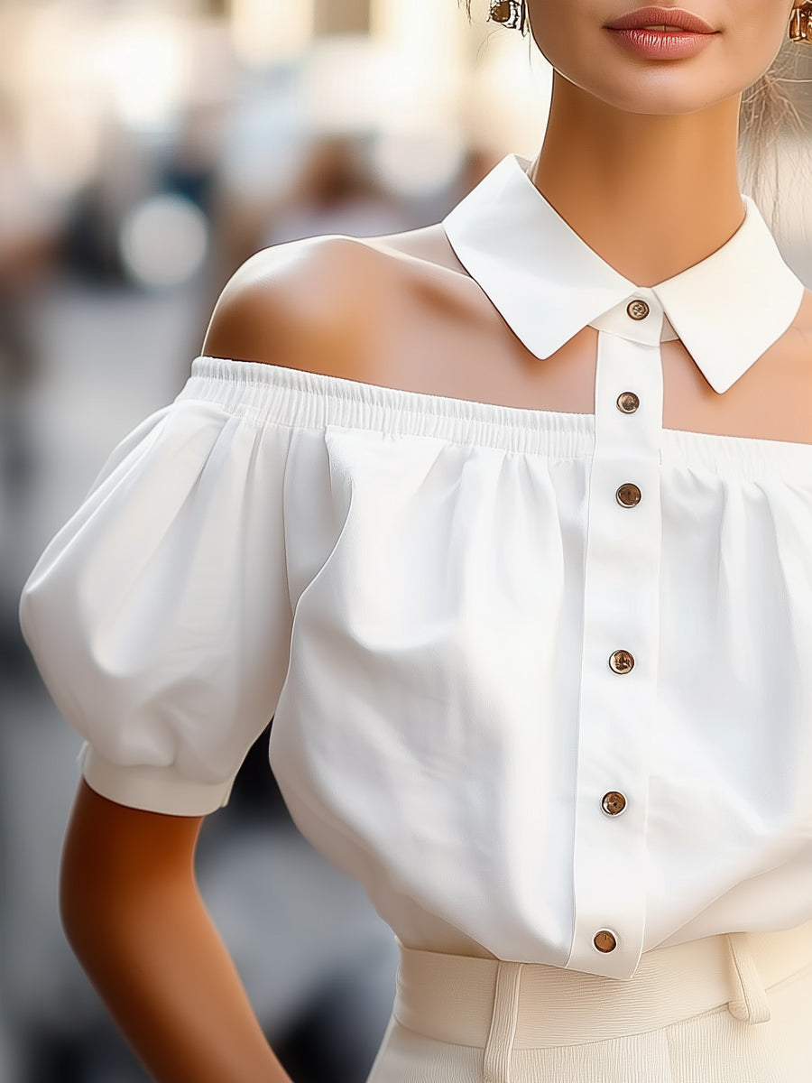 Trudy | White Off-Shoulder Button-Up Blouse