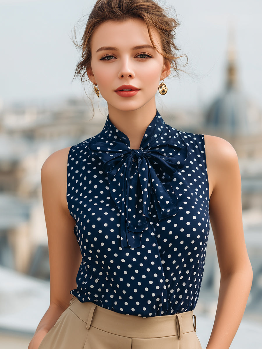 Ursula | Navy Polka Dot Bow Blouse