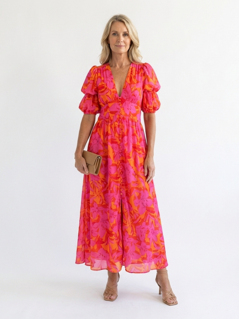 Leandra | Floral V-Neck Puff Sleeve Midi Dress