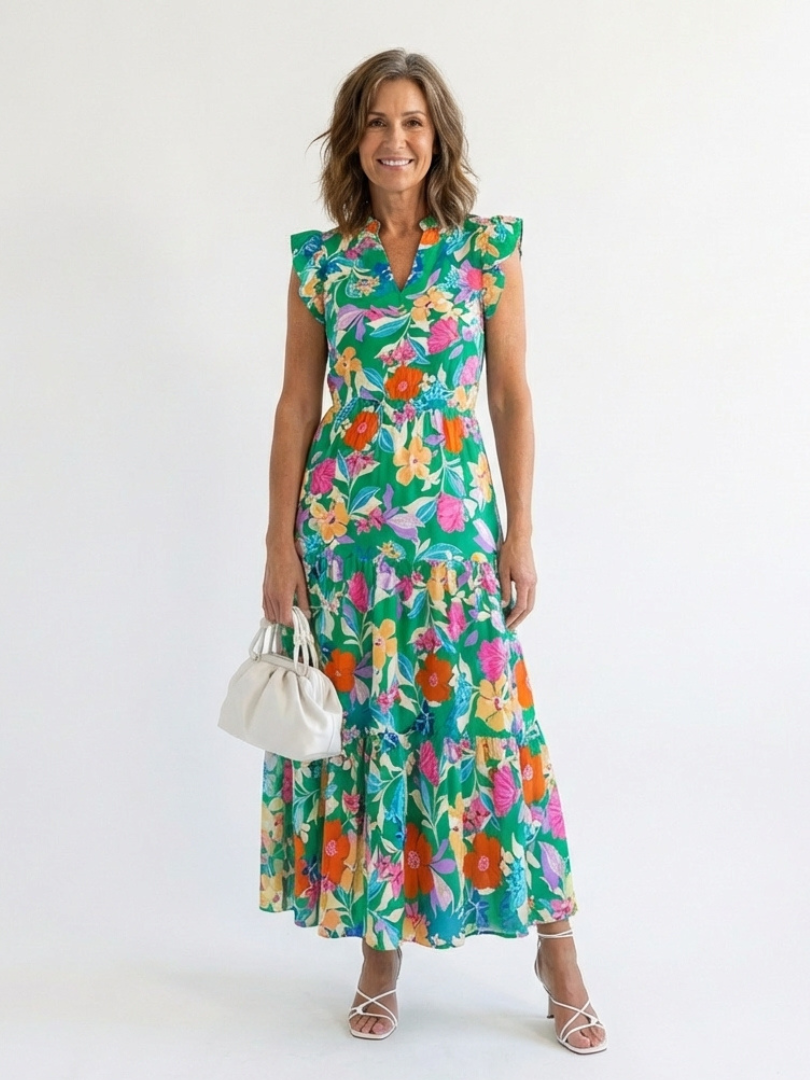 Tatiana | Floral V-Neck Tiered Flutter-Sleeve Midi Dress
