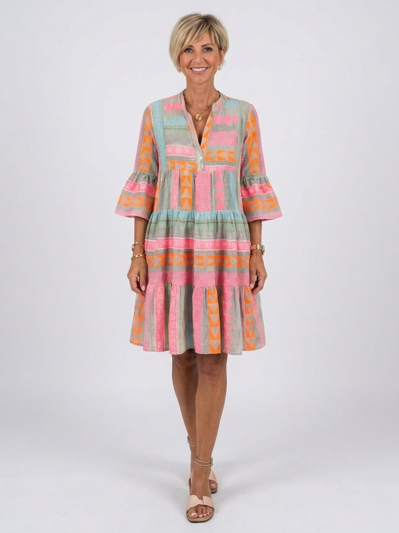 Liza | Geometric Print Tiered Knee-Length Dress