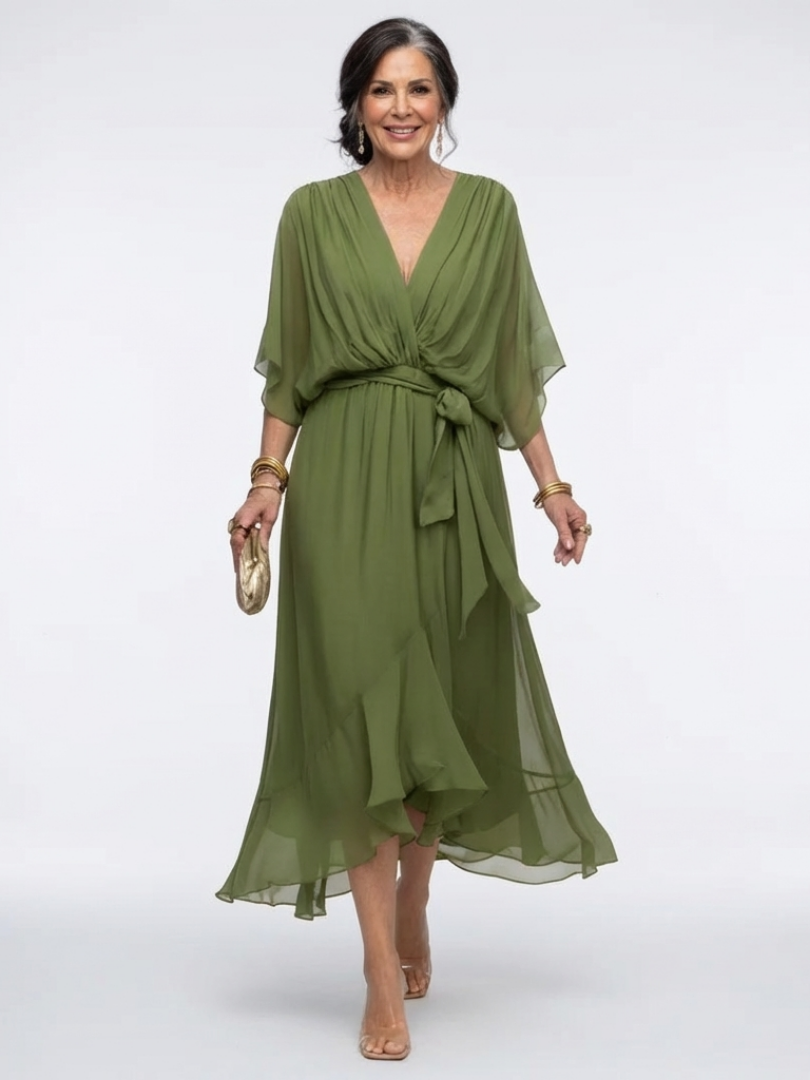 Larissa | V-Neck Draped Waist-Tie Midi Dress