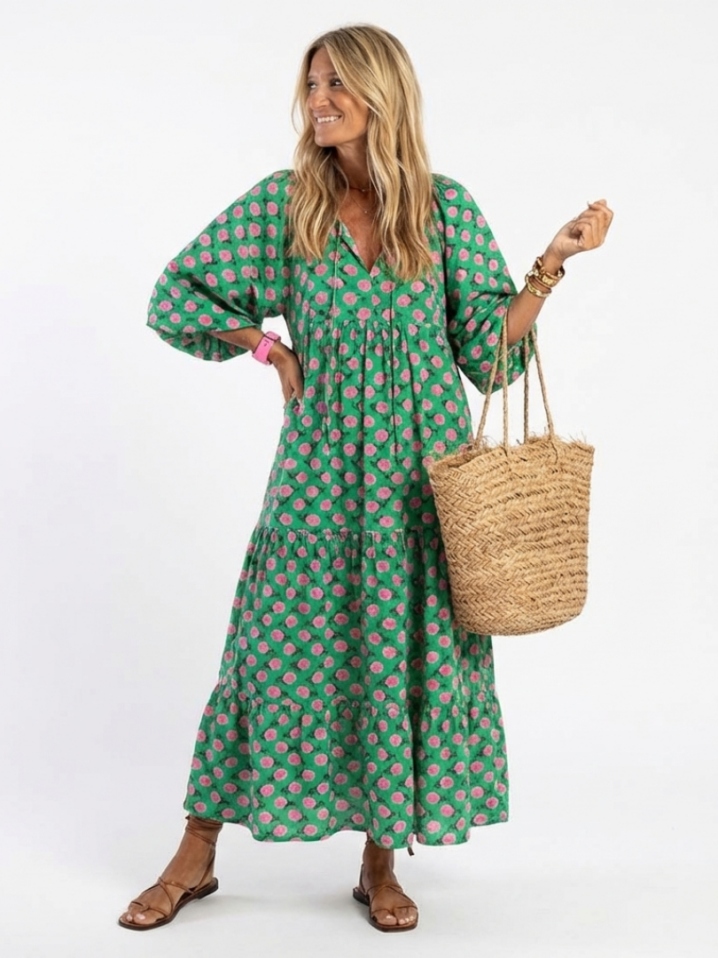 Thessaly | Floral V-Neck Tiered Midi Dress