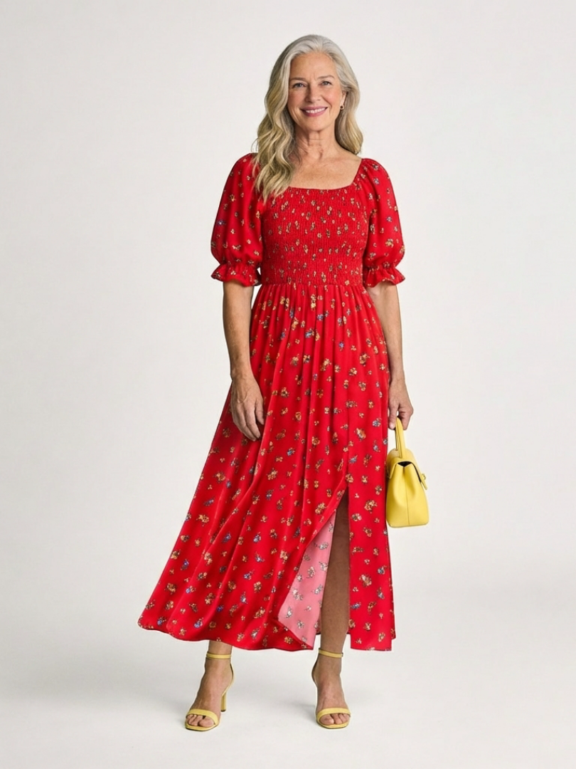 Lyra | Square-Neck Floral Puff Sleeve Midi Dress