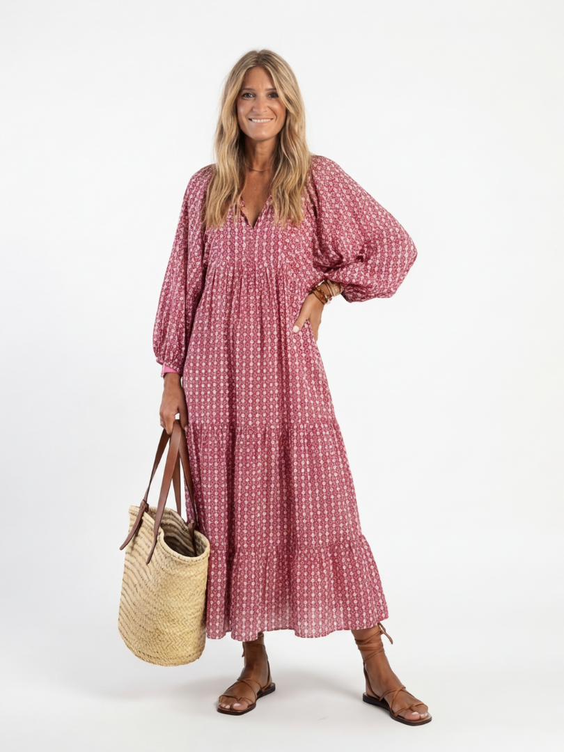 Leontine | Geometric Print Long-Sleeve Midi Dress