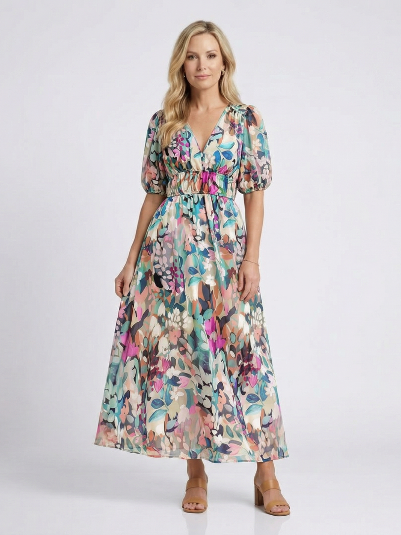 Margarita | Gathered Waist V-Neck Midi Dress