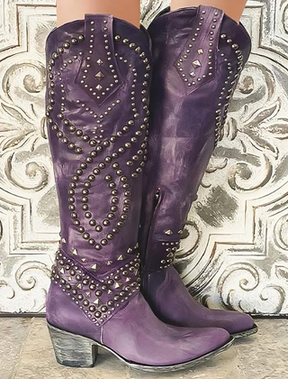 Dulcie Studded Western Knee-High Boots in Purple