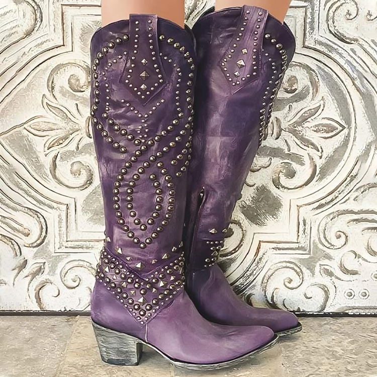 Dulcie Studded Western Knee-High Boots in Purple