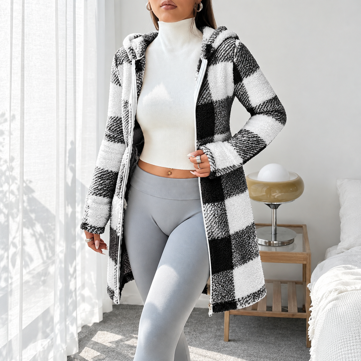 Rosabel plaid hooded teddy coat in Black & White