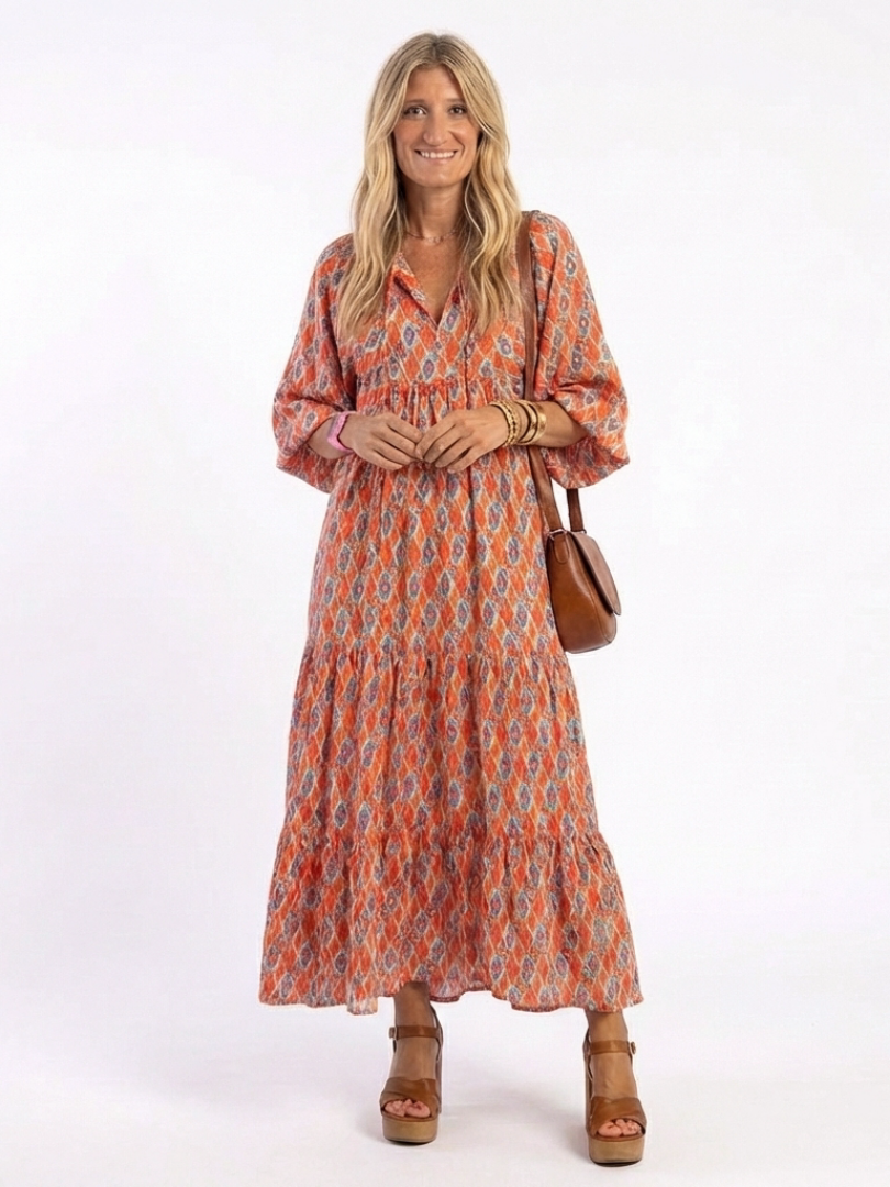 Lizette | Beige Geometric Print Tiered Midi Dress