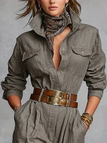 Erica | Linen-Cotton Shirt-Collar Jumpsuit