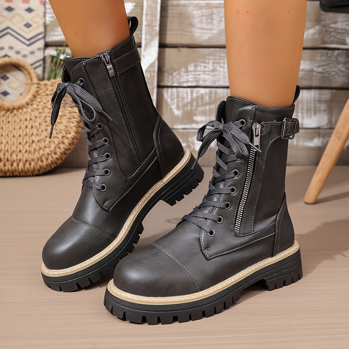 Cassia Lace-Up Side-Zip Combat Boots