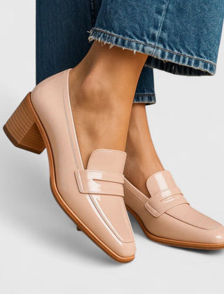 Estella square-toe block heel penny loafers in Nude
