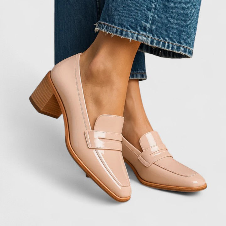 Estella square-toe block heel penny loafers in Nude