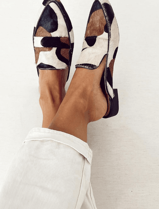 Lorelei pointed patchwork mule loafers in Black and White