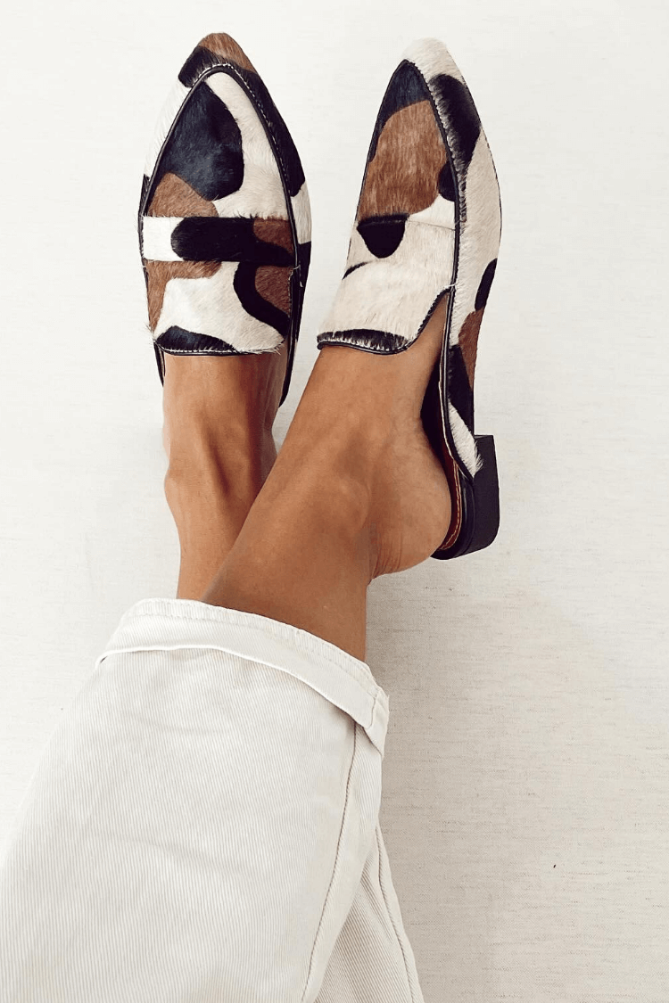 Lorelei pointed patchwork mule loafers in Black and White