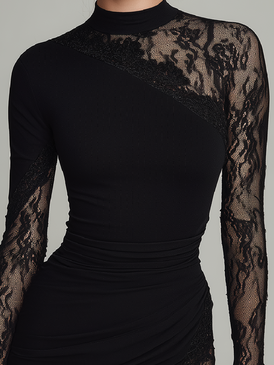Cathleen | Black Turtleneck Lace Mini Dress