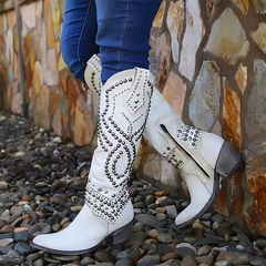Dulcie Studded Western Knee-High Boots in White