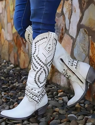 Dulcie Studded Western Knee-High Boots in White