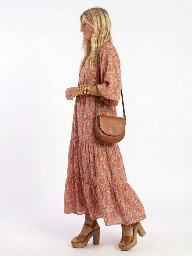 Lizette | Beige Geometric Print Tiered Midi Dress