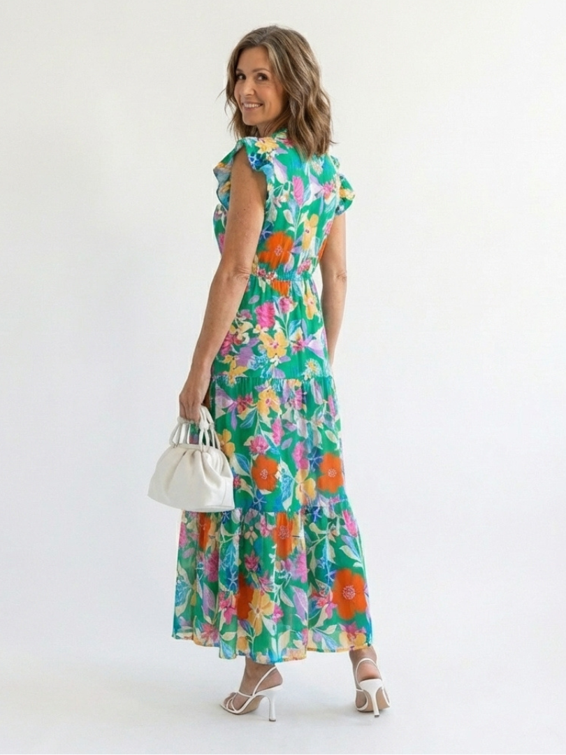 Tatiana | Floral V-Neck Tiered Flutter-Sleeve Midi Dress