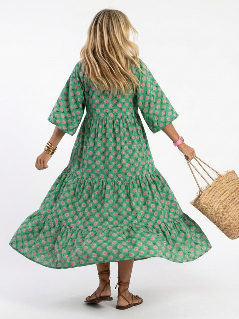 Thessaly | Floral V-Neck Tiered Midi Dress