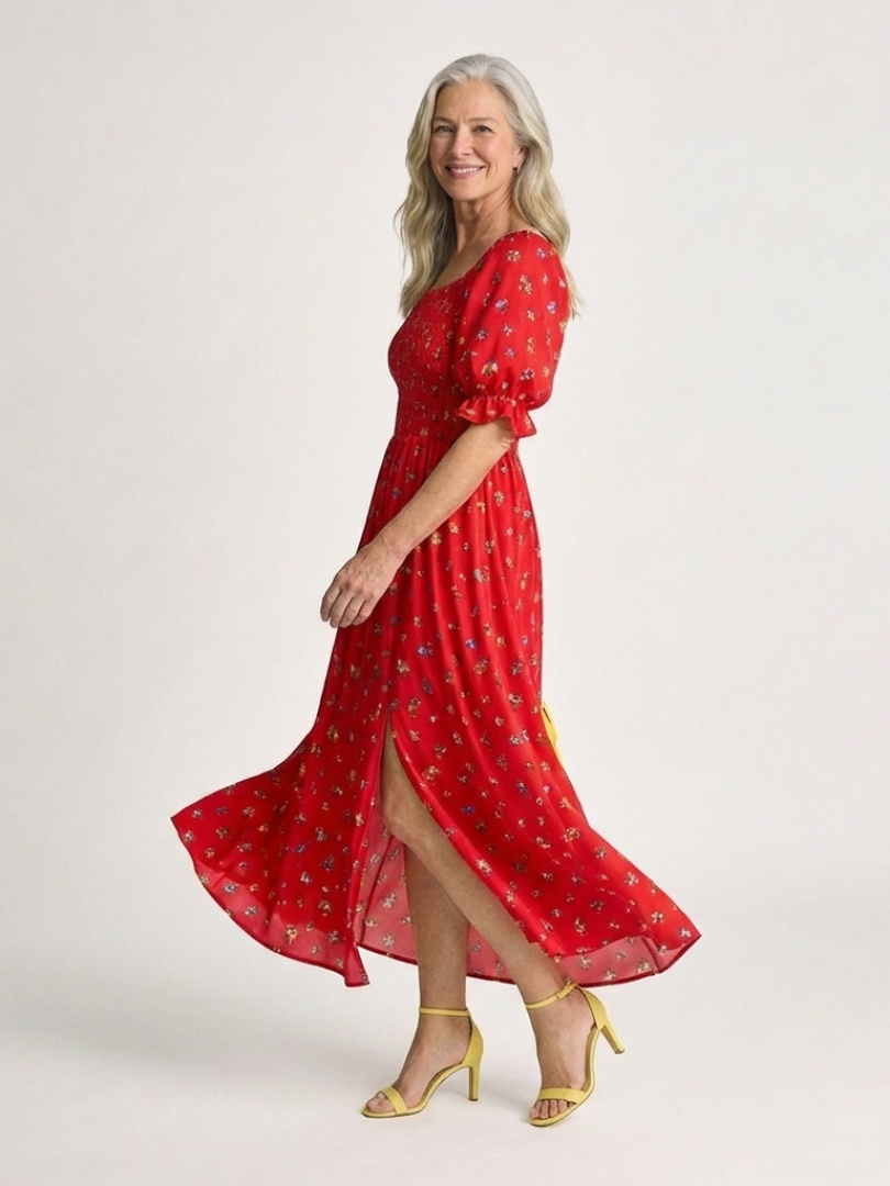 Lyra | Square-Neck Floral Puff Sleeve Midi Dress