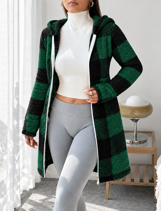Rosabel plaid hooded teddy coat in Forest Green & Black