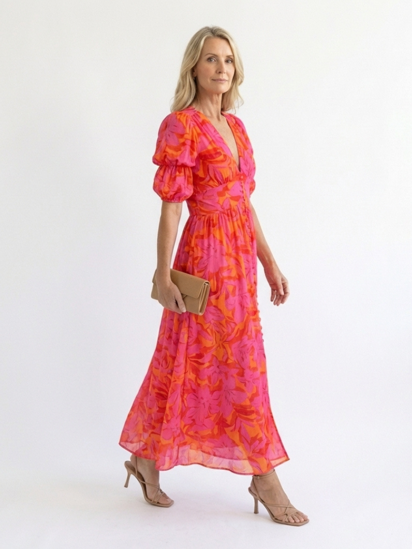 Leandra | Floral V-Neck Puff Sleeve Midi Dress