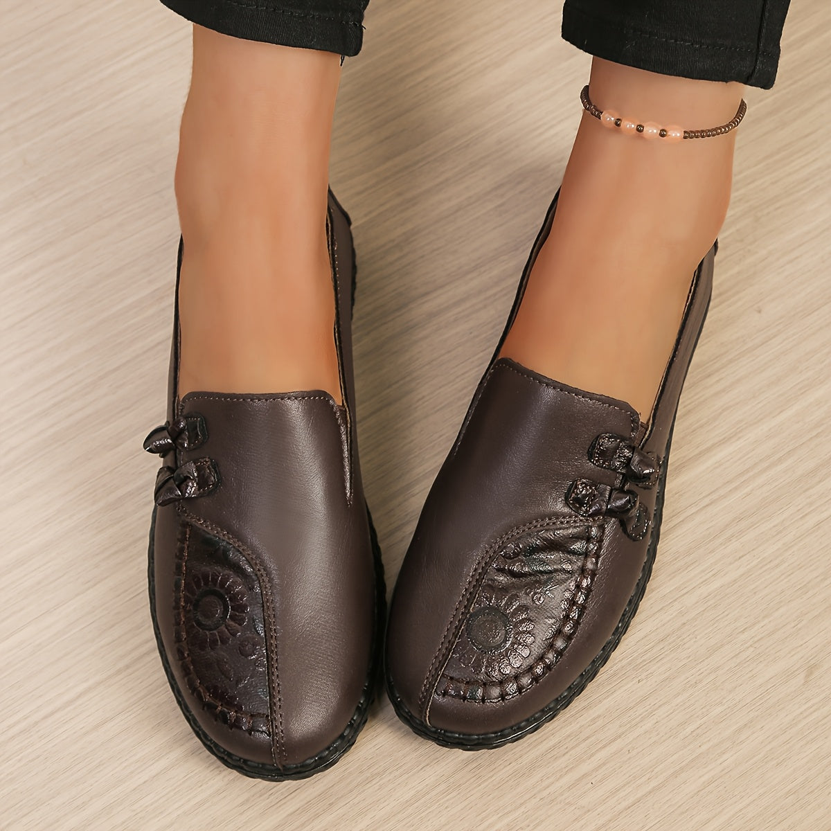 Ianthe Floral Detail Comfort Loafers in Dark Brown