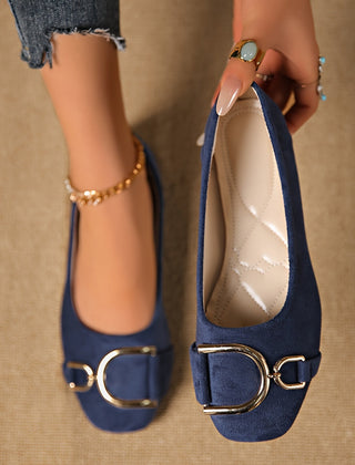 Keira Square-Toe Buckle Ballet Flats in Navy