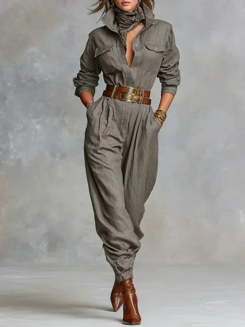 Erica | Linen-Cotton Shirt-Collar Jumpsuit