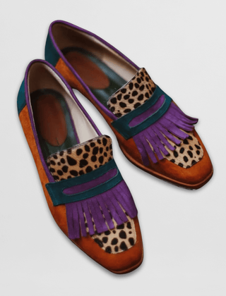 Fleur leopard fringe kiltie loafers in Purple Leopard