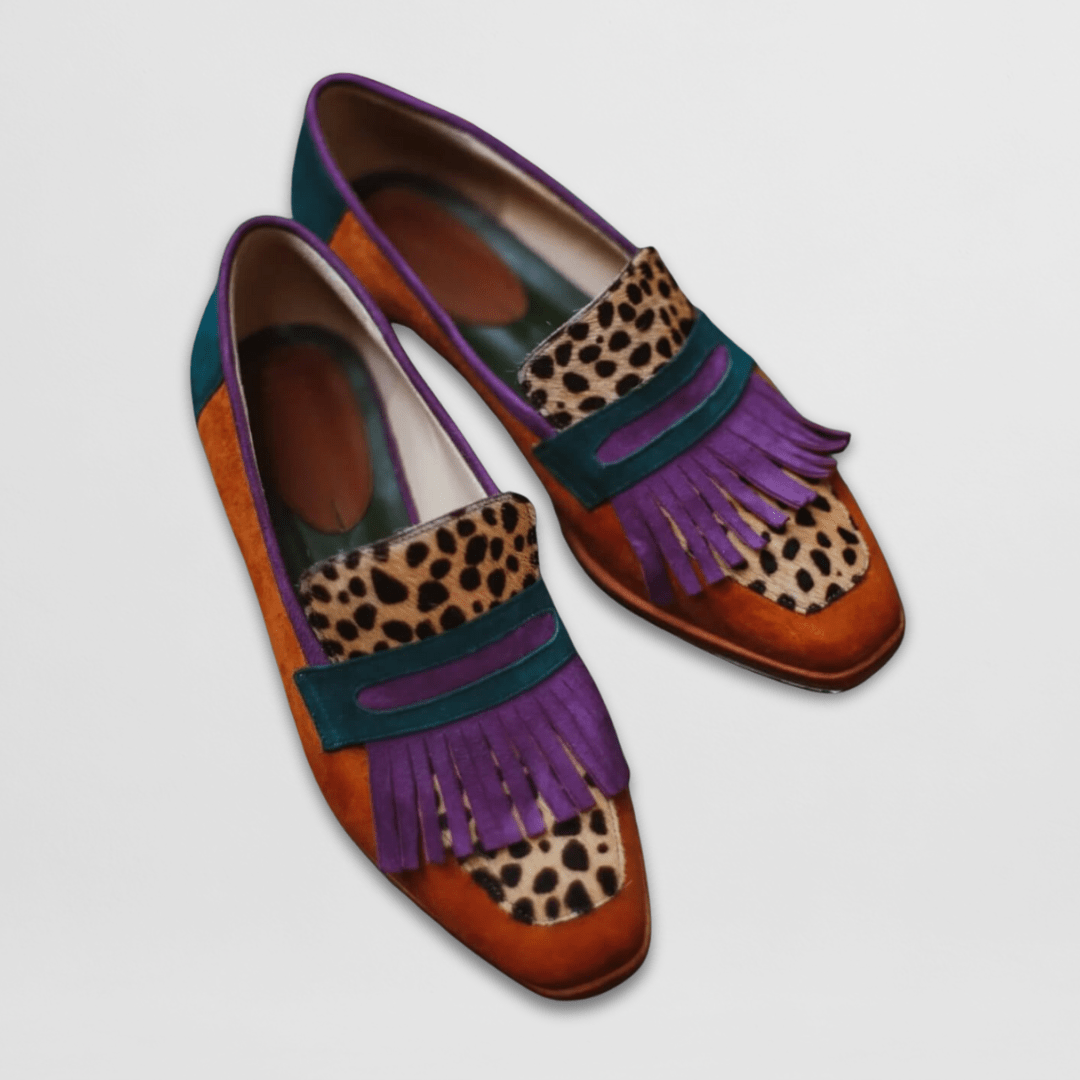 Fleur leopard fringe kiltie loafers in Purple Leopard