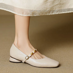 Edmee Square-Toe Mary Jane Flats in Beige