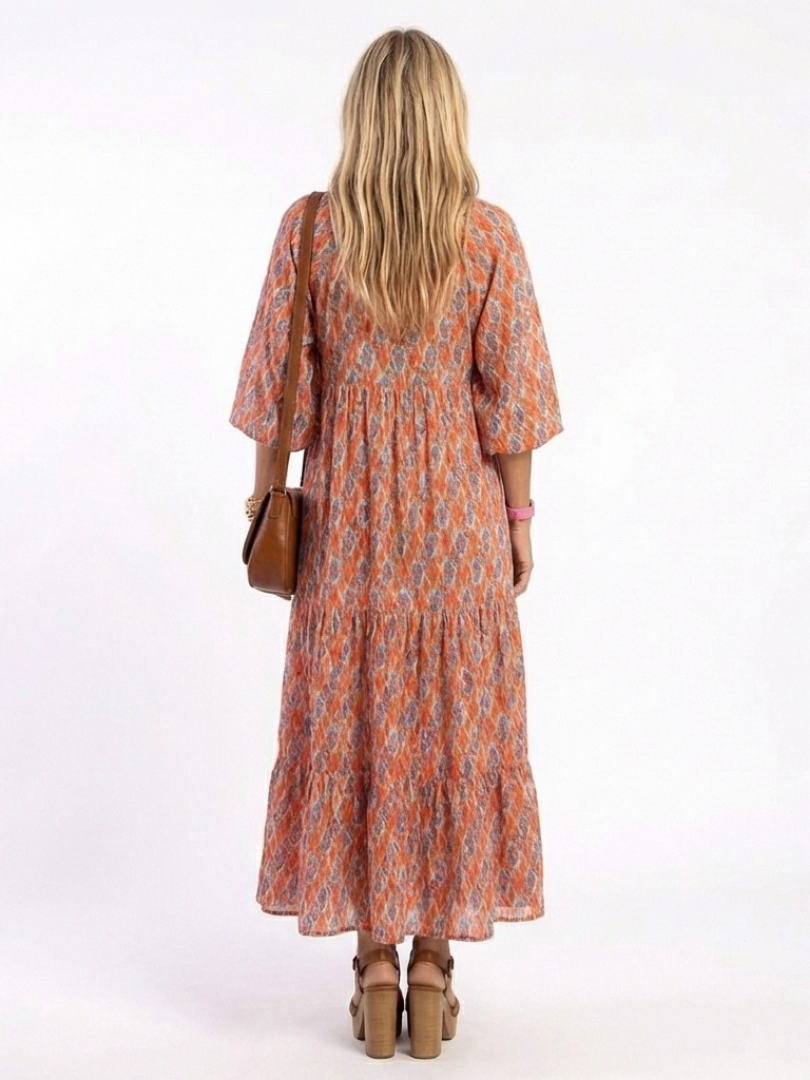 Lizette | Beige Geometric Print Tiered Midi Dress