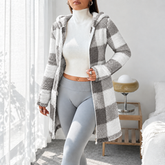 Rosabel plaid hooded teddy coat in Gray & White