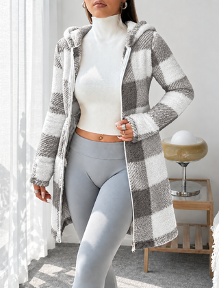 Rosabel plaid hooded teddy coat in Gray & White