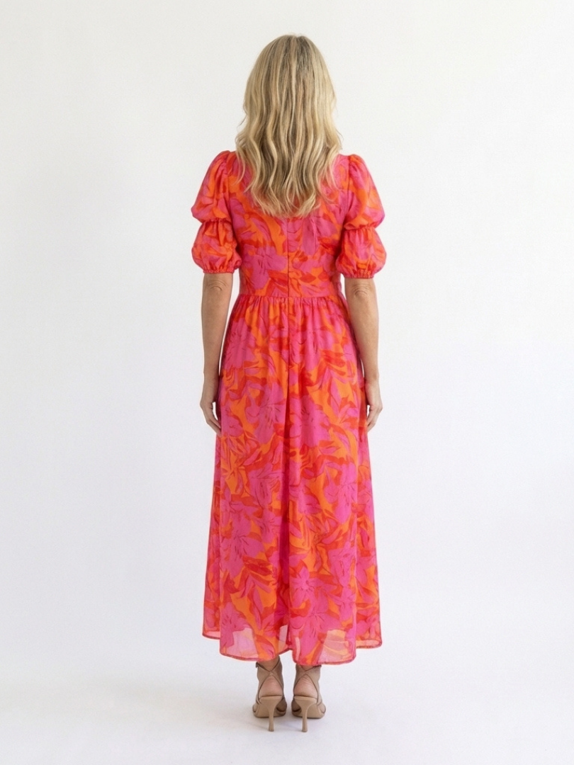Leandra | Floral V-Neck Puff Sleeve Midi Dress