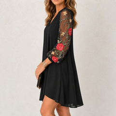 Lucienne embroidered sleeve V-neck dress in Black
