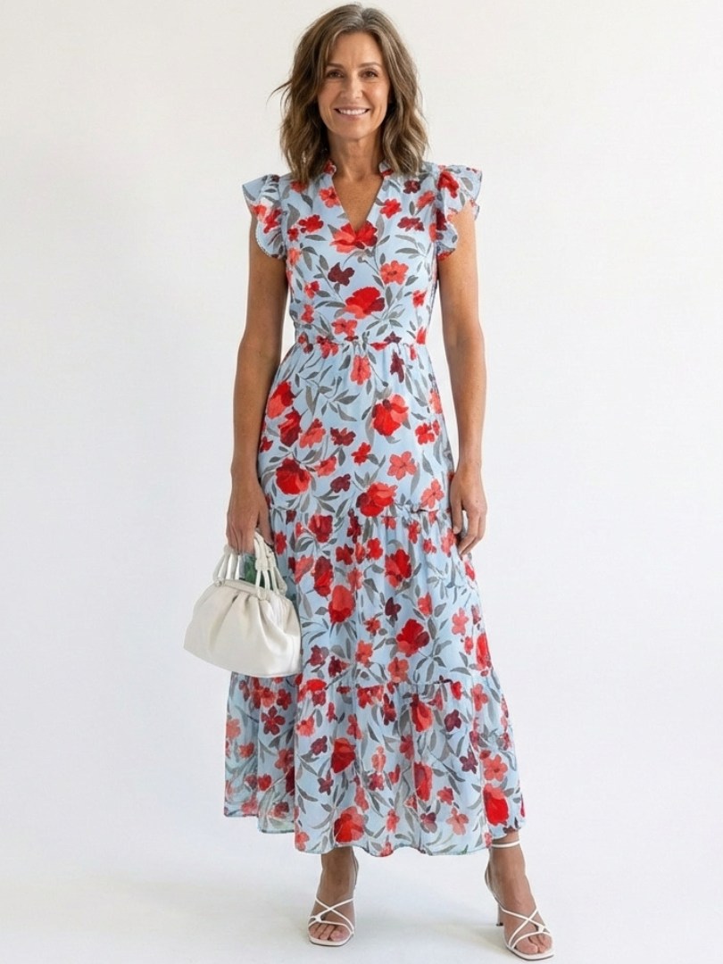 Tatiana | Floral V-Neck Tiered Flutter-Sleeve Midi Dress