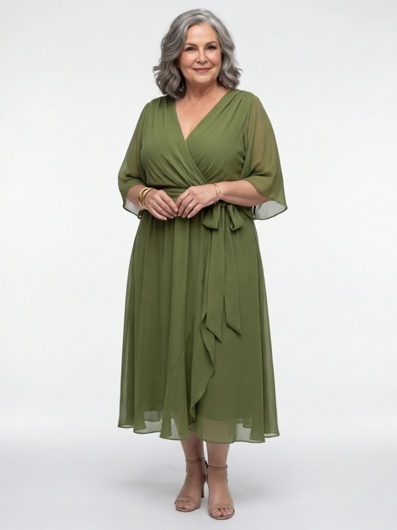 Larissa | V-Neck Draped Waist-Tie Midi Dress