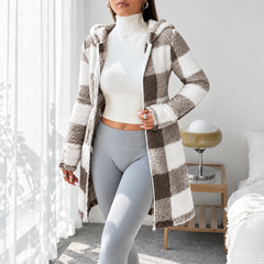 Rosabel plaid hooded teddy coat in Taupe & White