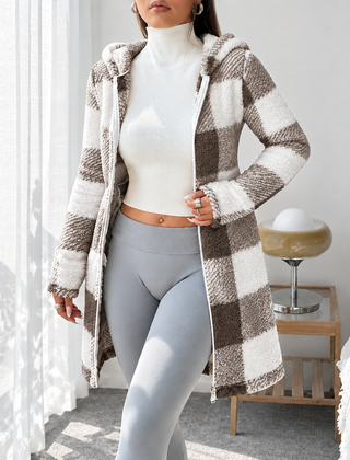 Rosabel plaid hooded teddy coat in Taupe & White